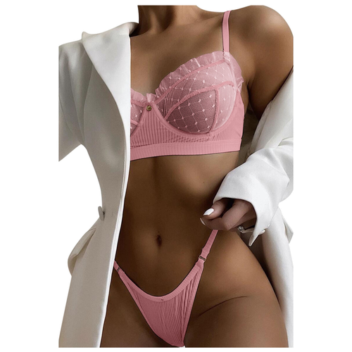 Ruffle Mesh Lace Lingerie 2 Piece Women Underwear Set Transparent Bras