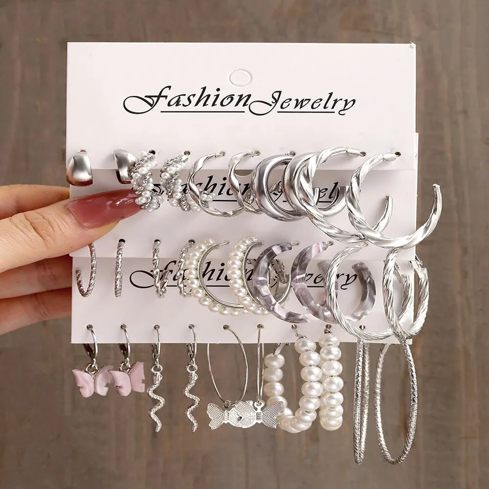 15Pairs Suit Of EarringsNew Style Creative Simple Temperament Lady Fake-pearl Butterfly Snake Fake-pearl Earring Silver-color
