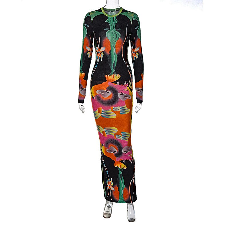 Artistic Colorful Printing Maxi Dress Women Hipster O-neck Elegant Long Dresses Robe Female Party Streetwear Vestido