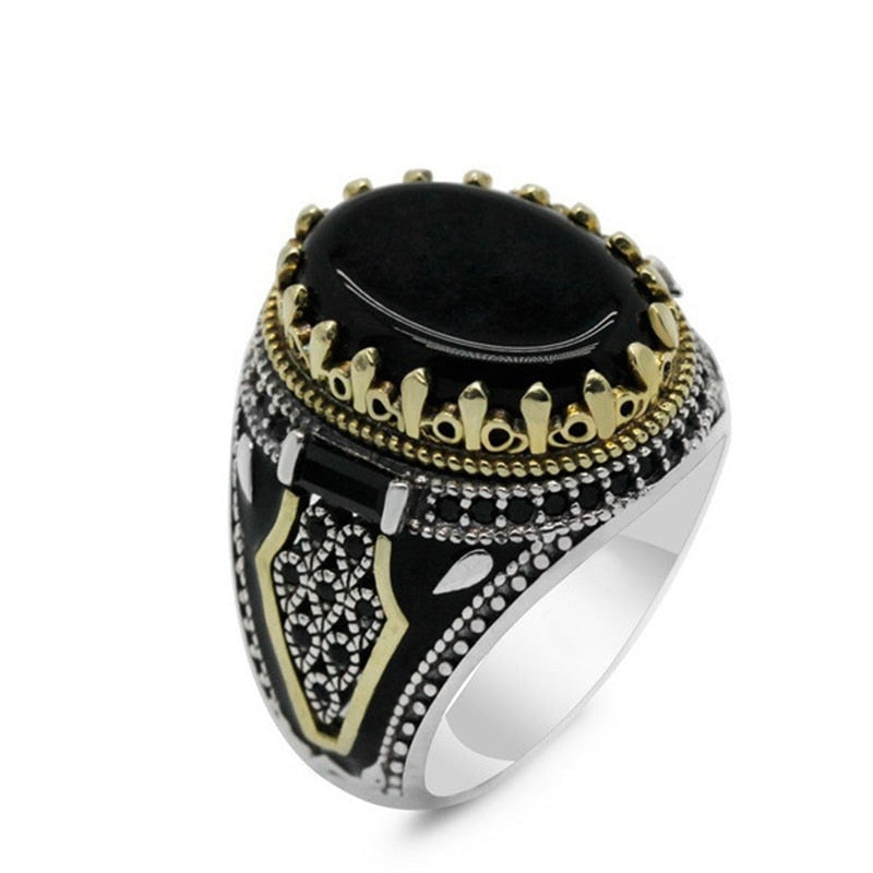 vintage Handmade Turkish Signet Ring For Men Women Ancient Silver Carved Eagle Ring Green Zircon Inlay Punk Motor Biker