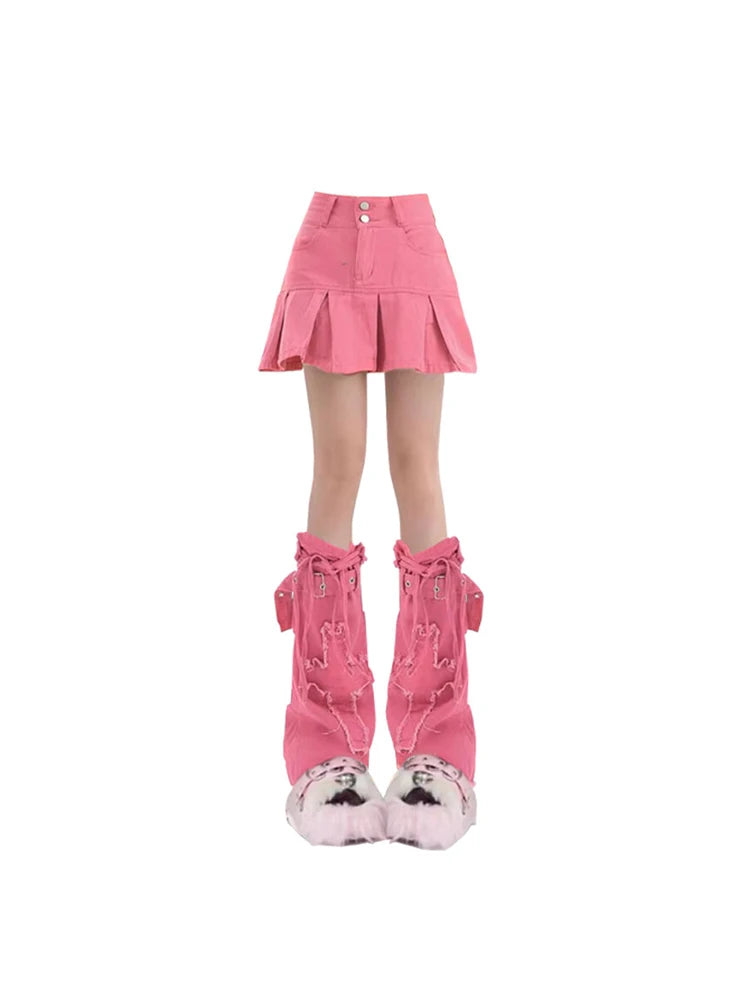 Women's Pink Denim Pleated Skirt Harajuku Y2k 90s 2000s Vintage Skirts Leg Cover 90s Streetwear Korean A-Line Mini Skirt Clothes