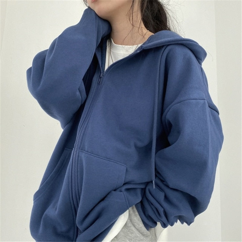 Women Hoodie Harajuku Korean Version Oversized Solid Color Zip Up Sweatshirt Female Casual Long Sleeve Pocket Hooded Coat Jacket