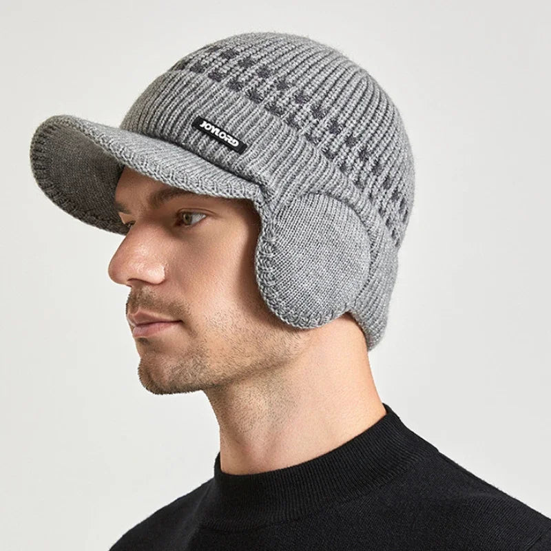 Men's Knitted Baseball Hat with Earflap Insulation Warm Fur Lined Skullies Beanies British Style Riding Woollen Hat Pile Bonnet