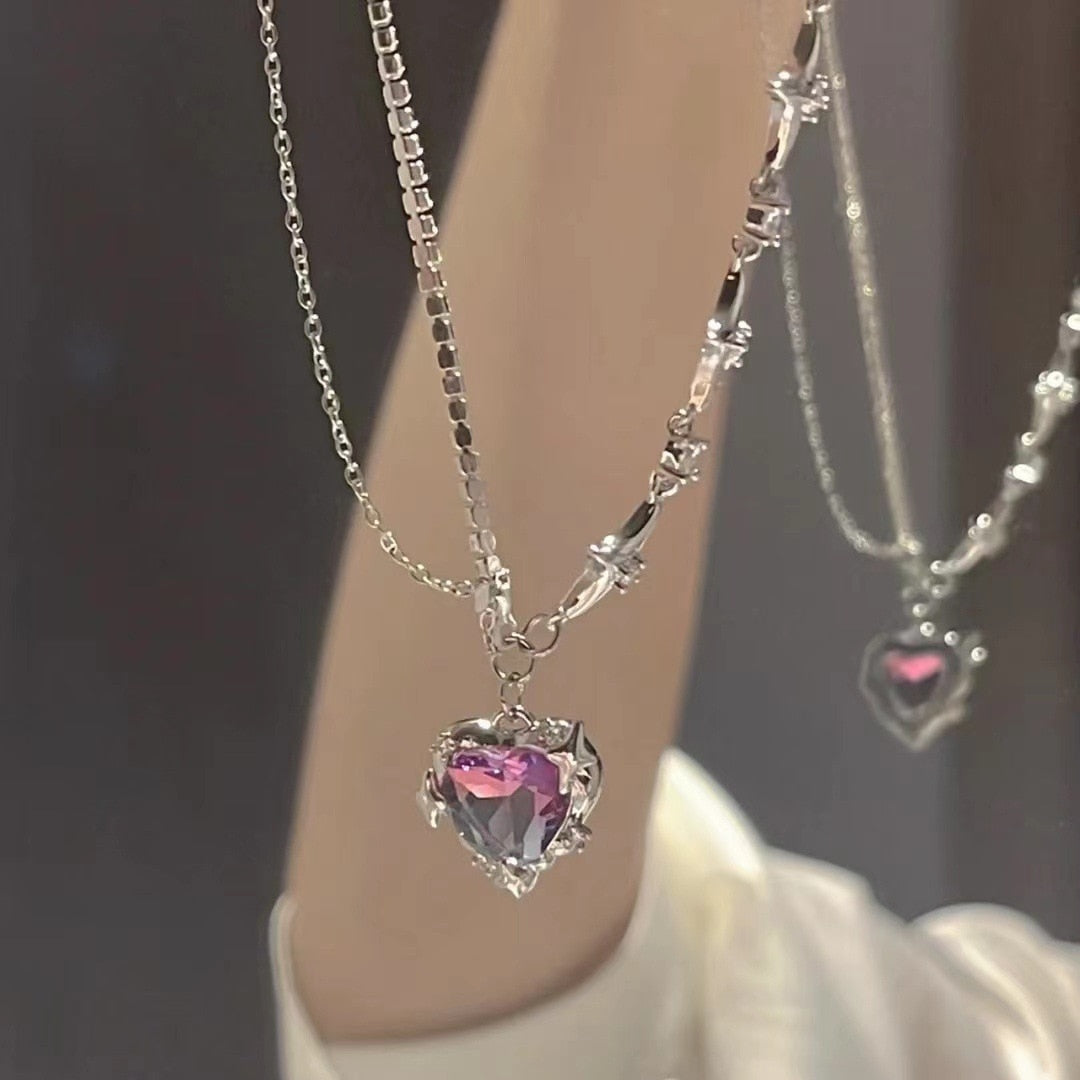 Vintage Hollow Pink Crystal Heart Pendant Silver Color Chain Neck Necklace for Women Wedding Aesthetic Jewelry