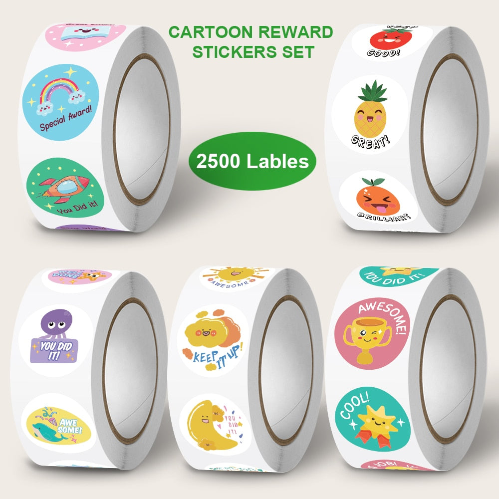 2500pcs/5 rolls Cartoon Reward Stickers, 2.5x2.5cm Kids Praise Stickers with 20 Designs for Family, Classroom,Competition
