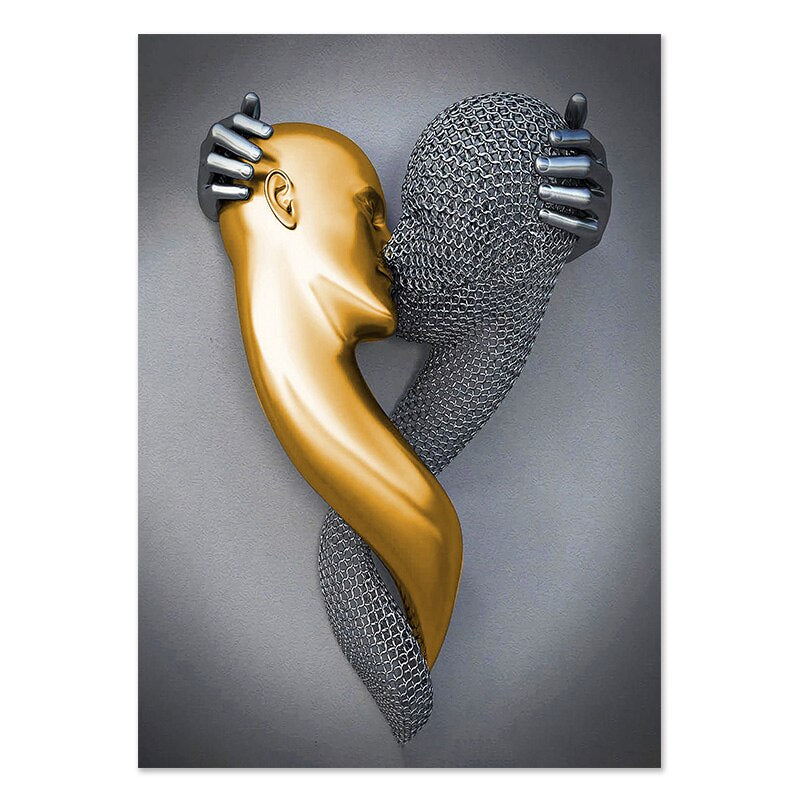 Metal Figure Statue Romantic Wall Art Abstract Canvas Painting Lovers Sculpture Posters Prints Pictures Living Room Home Decor