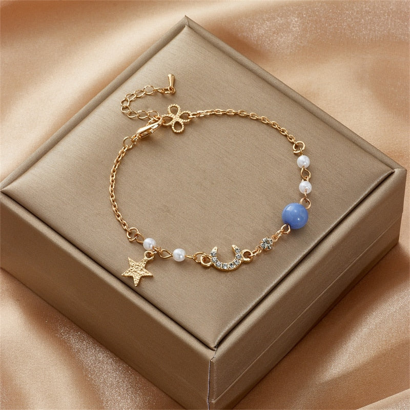 Japan Korea Star Moon Bracelet For Women Girls Pink Crystal Pearl Chain Bracelet Jewelry Party Gift