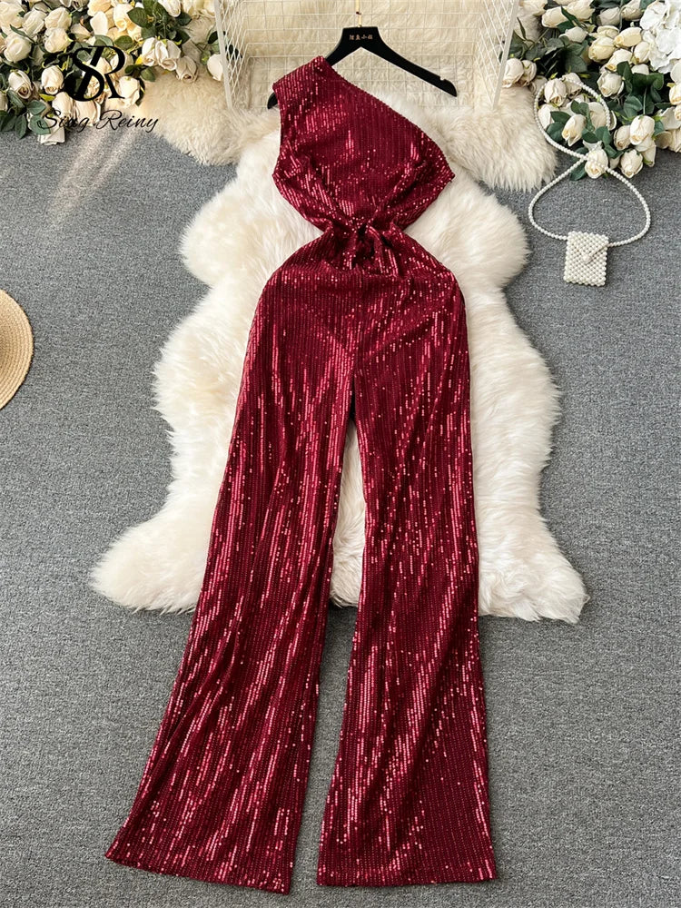 SINGREINY American Retro Sequin Jumpsuit Diagonal Collar Solid Long Wide Legs Pants Romper Elegant Backless Sexy Party Jumpsuits