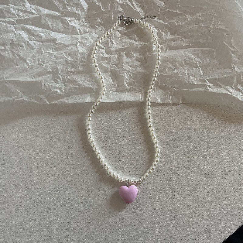 Silver Metal Pearl Beaded Choker Necklace For Women Fruit Glass Flower Pink Sweet Aesthetic Jewelry