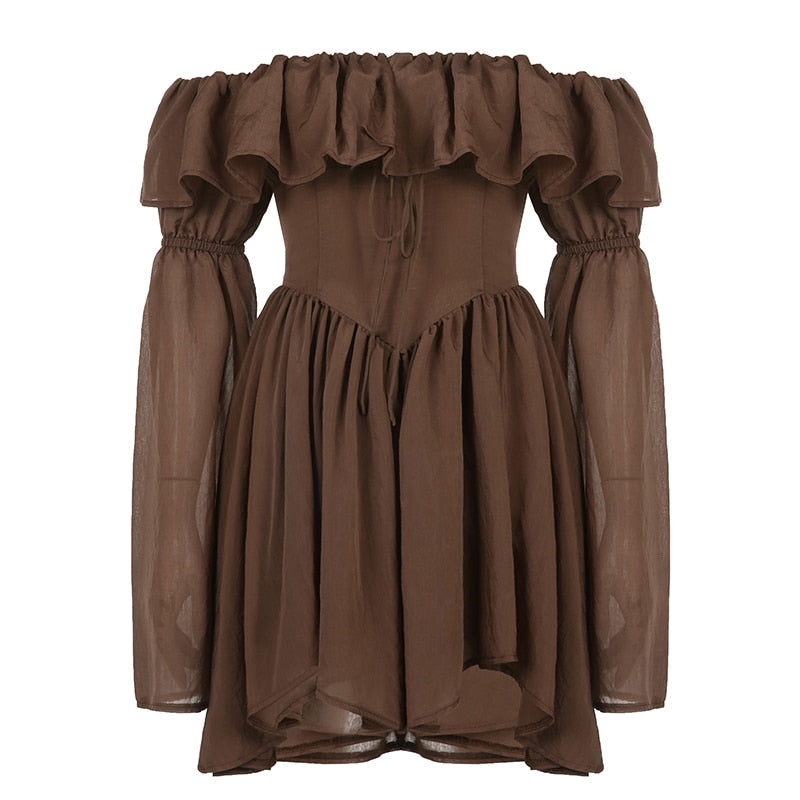 Brown Off Shoulder Flare Sleeve Mini Dress