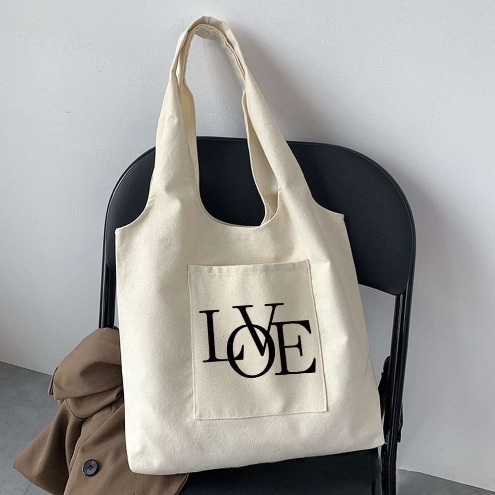 Shopping Bag Woman Bag Text Pattern Printing Series Beige Reusable Harajuku Commuter Simple Large Capacity Tote Bag