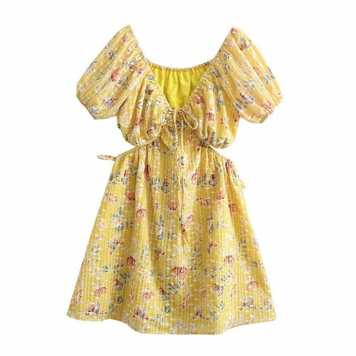 Gelbes, mit Blumen besticktes Mini-Sommerkleid