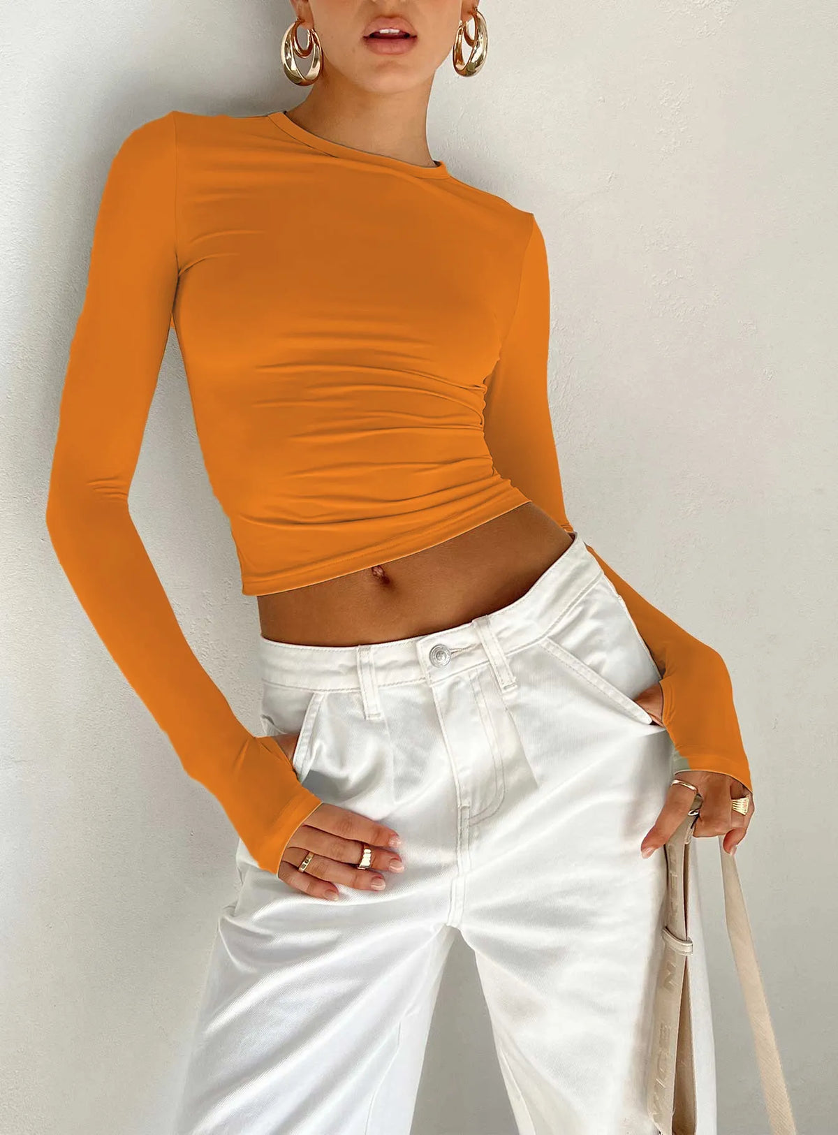 Fashion Women T-shirt Long Sleeve Crew Neck Solid Slim Fit Ladies Crop Top with Thumb Holes for Daily Streetwear Summer Camis