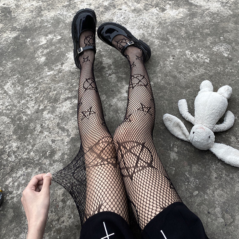 Lolita Girls Cute Pentacle Print Tights Women Sexy Gothic Punk Magical Five-Pointed Star Mesh Fish Net Pantyhose Body Stockings