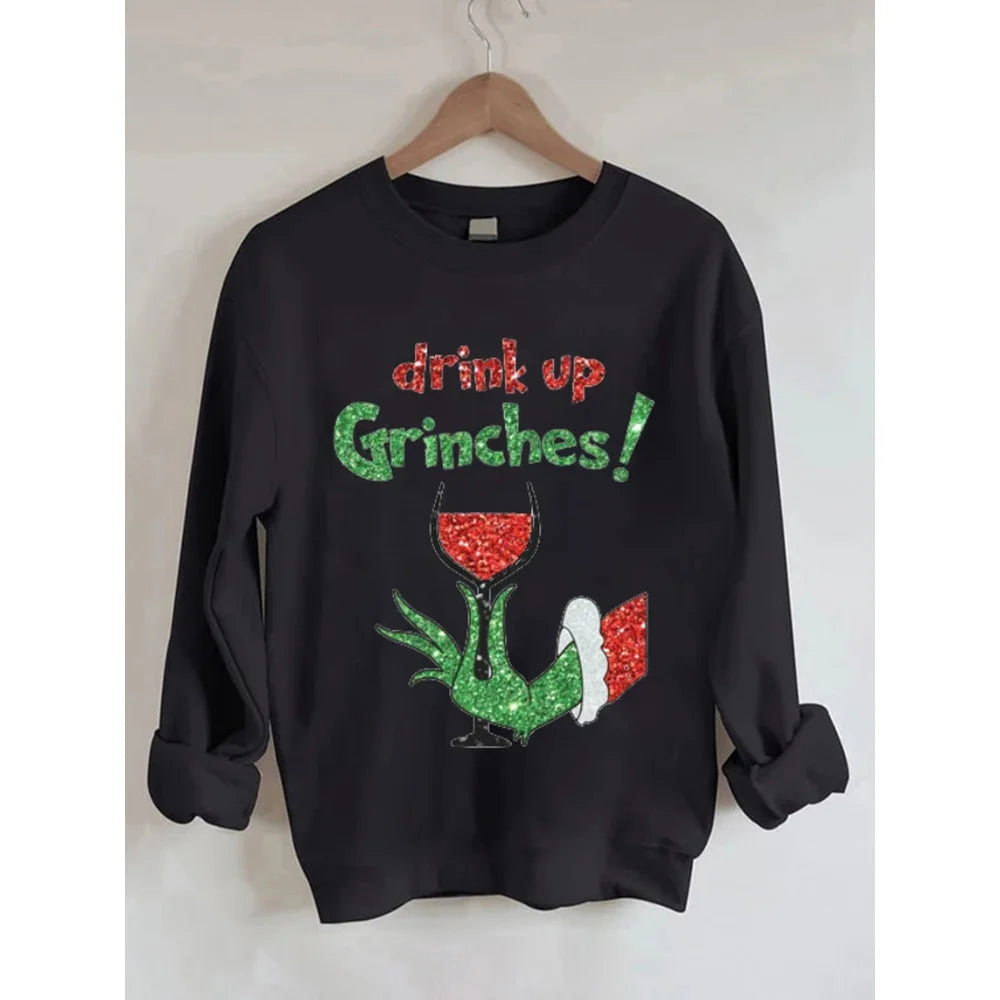 Y2K Hoodies Drink Up Grinches Christmas Sweatshirt Graphic Sweatshirts Long sleeve Round Neck Pollover Woman clothing