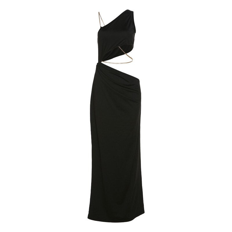 Elegant Solid Maxi Dress Women Oblique Shoulder Waist Chain Sleeveless Skinny Dresses Robe Female Partywear