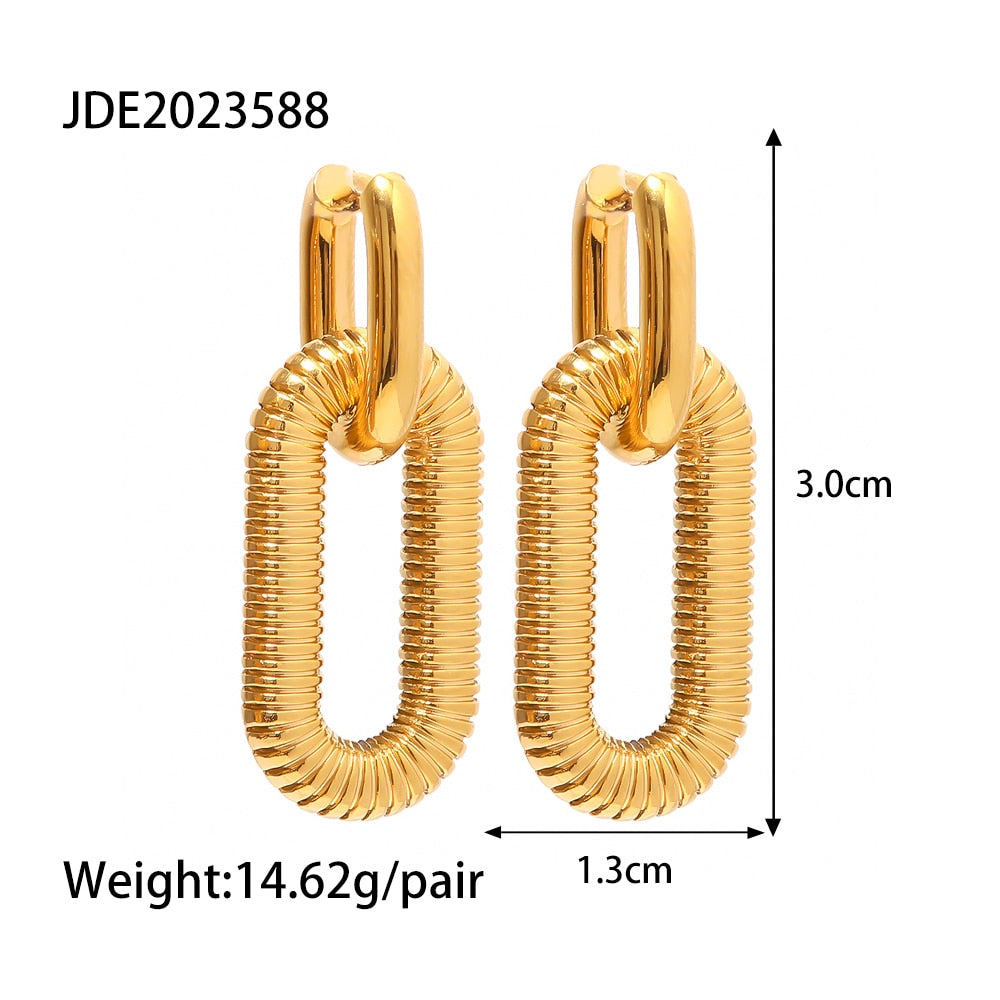 Trendy Metal Chain Link Huggies With Large Ridged Link Charm Loop Hoops- Gold Waterproof Stainless Steel Fashion Jewelry