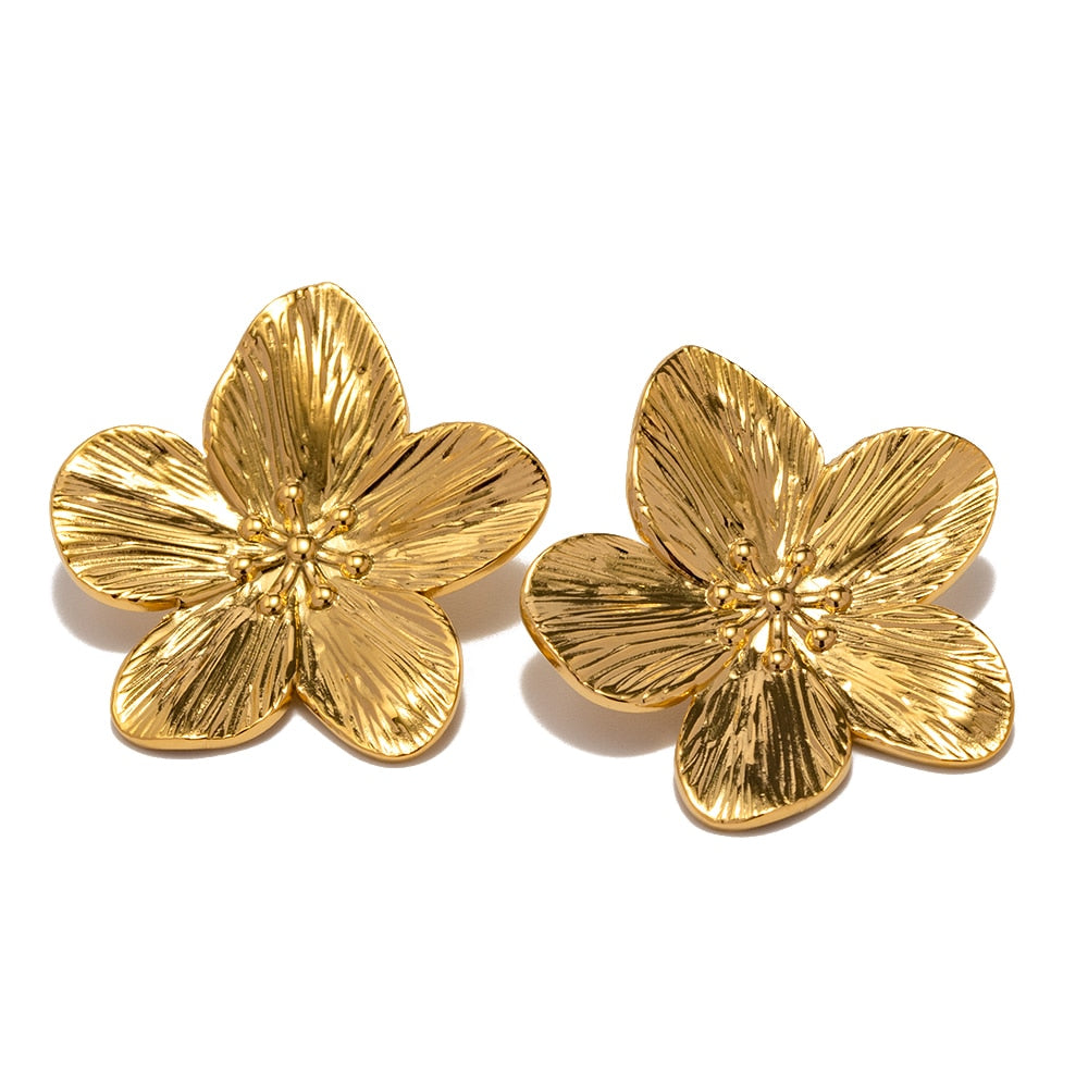 Tarnish Free Vintage 18k Gold Stainless Steel Flower Metal Earrings Rings Set Floral Modern Women Gift Waterproof