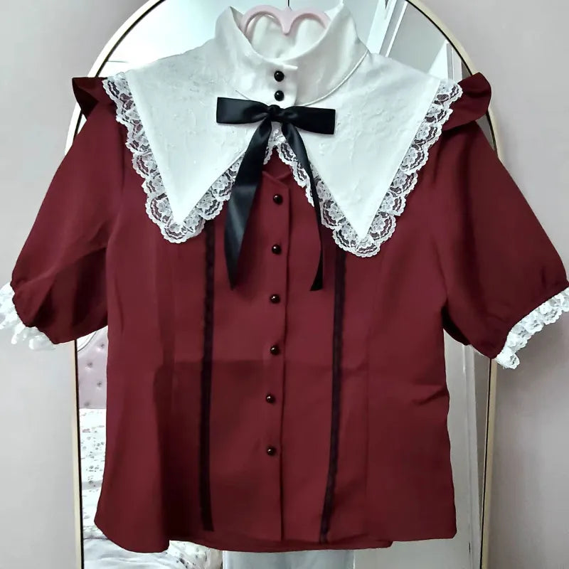 Gothic Y2k Lolita Shirt Japanese Harajuku Girls Sweet Lace Ruffles Bow Puff Sleeve Blouses Women Punk Clothes Tops Blusas Mujer
