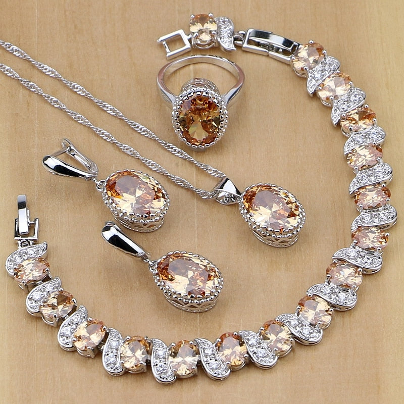 Plata 925 joyería nupcial champán circón conjuntos de joyas para mujer pendientes/colgante/collar/anillos/pulsera