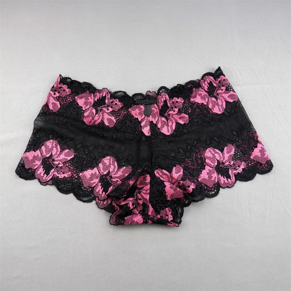 Transparent Lace Underwear Women Plus Size Flower Boxer Shorts Thin Hollow Panties Elastic Boyshorts