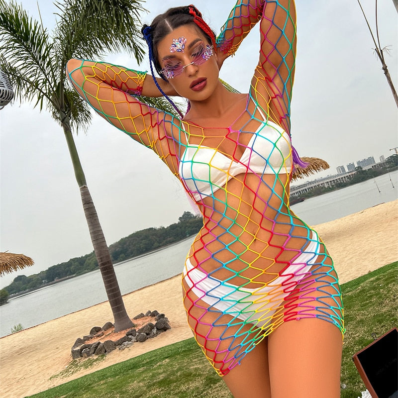 Y2k Rainbow Fishnet Night Dress Summer Hot Bodycon Dress Sexy Erotic Transparent Midi Dress Women Porno Dresses For Women 2022