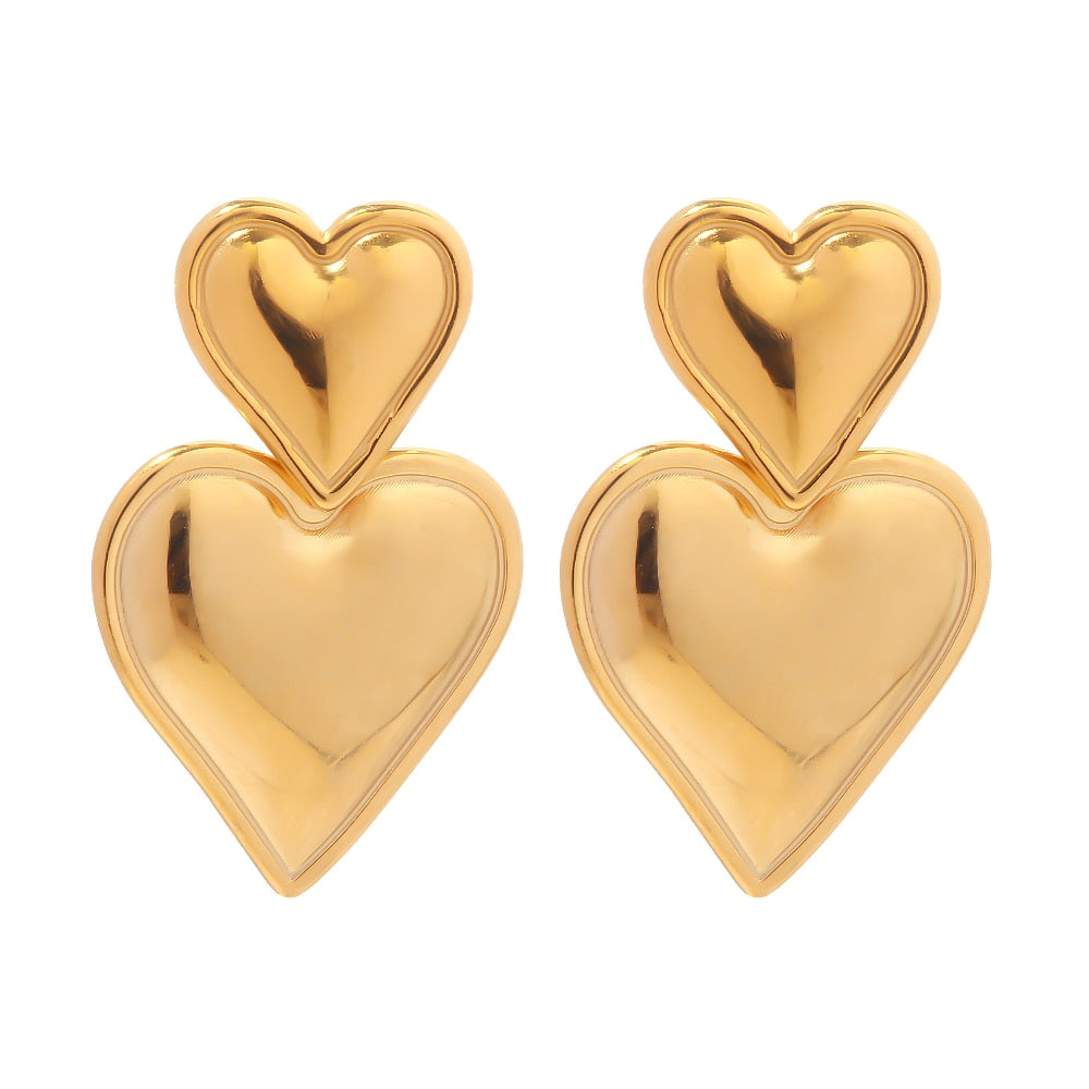 Luxury Double Heart Shaped Earrings 18K Stainless Steel Gold Plated Smooth Love Titanium Drop Earrings For Women