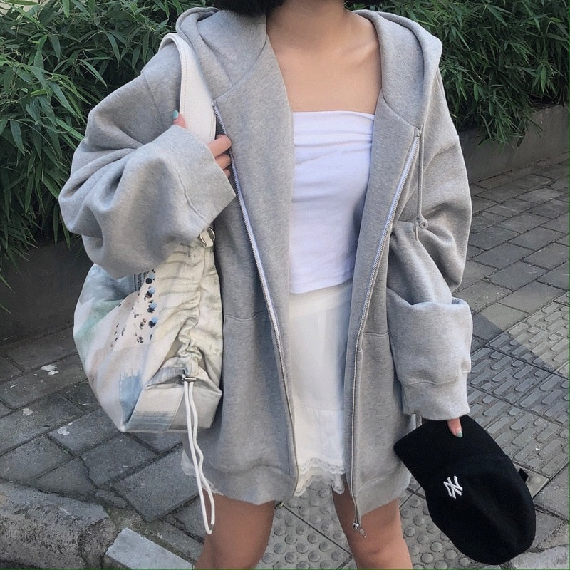 Oversize Women Hoodies Casual Solid Zip Up Hooded Sweatshirt Harajuku Korean Loose Couple Hoodie Jacket Coat Streetwear