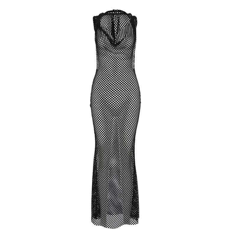 See Through Hooded Maxi Dress Women Mesh Midnight Clubwear Sexy Long Dresses Backless Robe Hot Partywear Clothing