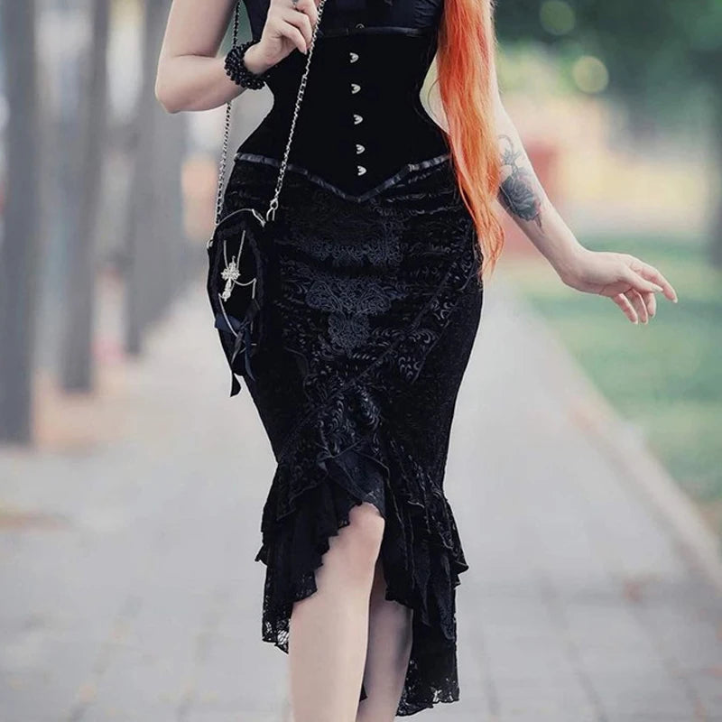Goth Dark Vintage Mall Gothic Ruffles Mermaid Skirts Grunge Punk Aesthetic Lace Hem Midi Skirt Women Elegant Evening Alt Bottoms