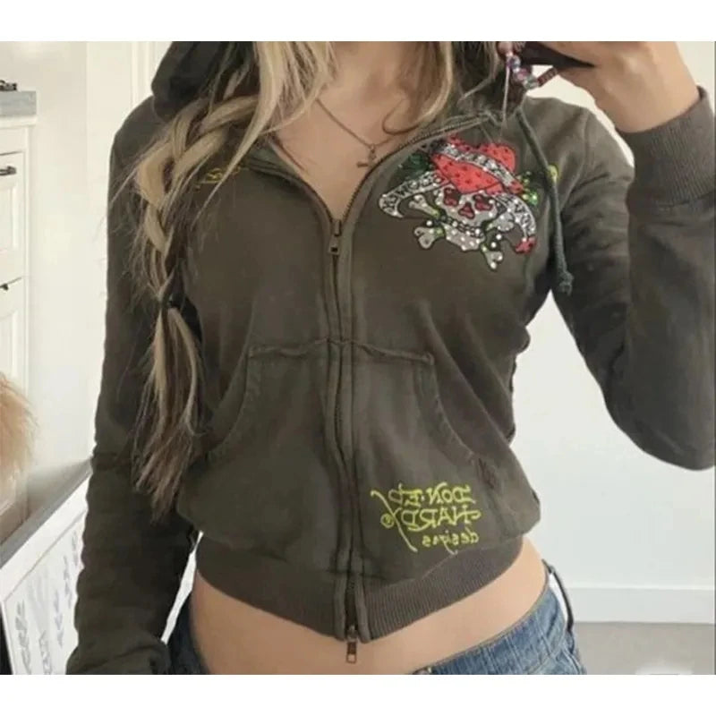 Women's Cropped Zip-up Hooded Jacket Gothic Skull Embroidered Punk Y2k Hoodie Streetwear Casual Vintage Top 90s Grunge Outerwear