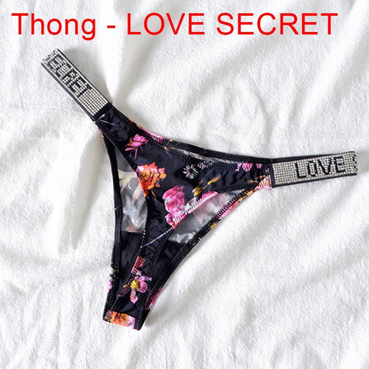 Sexy Women Pantie Crystal Rhinestone Letter Secret Underwear Fitness Gym Love Thongs Low Rise Tanga Female Push Up Lingerie