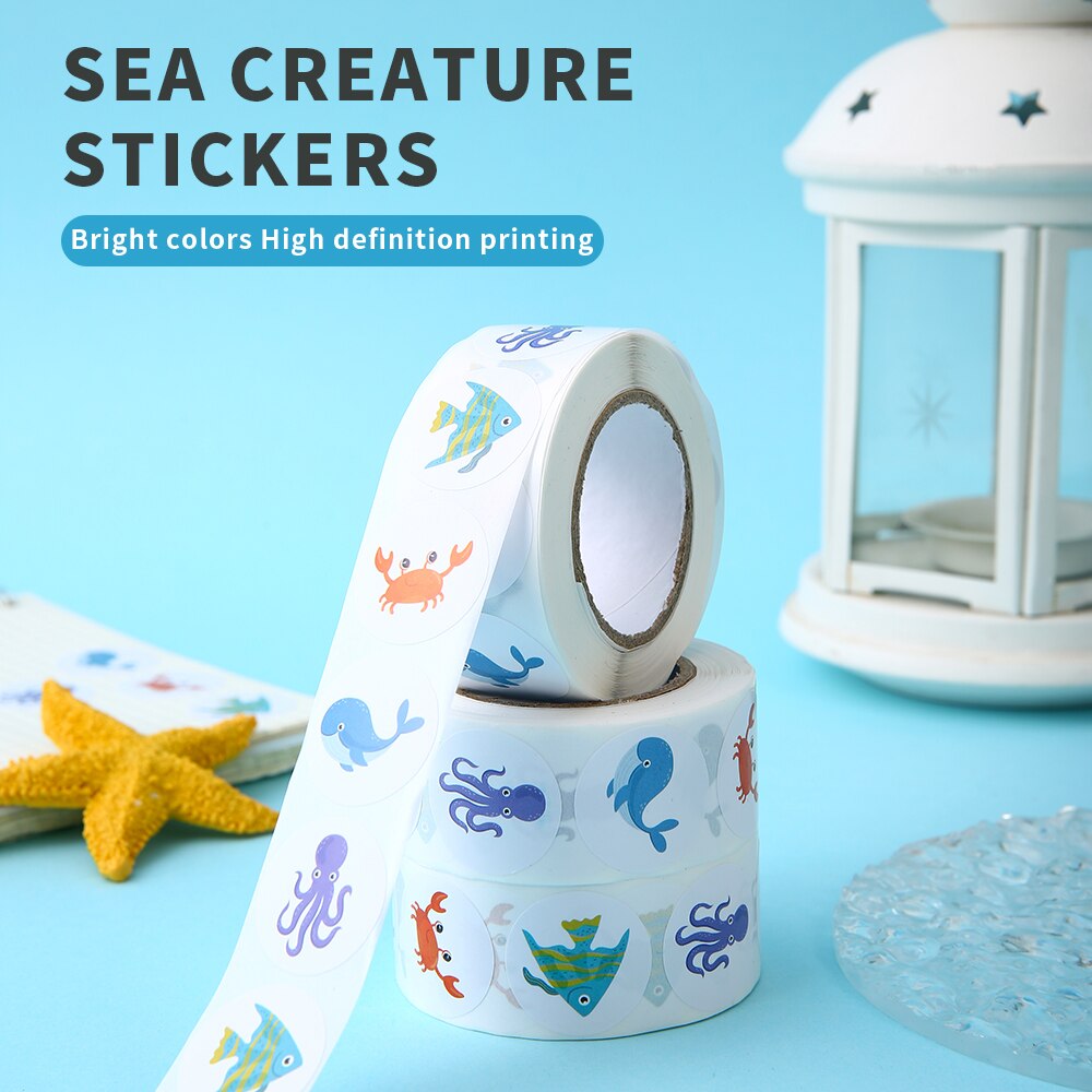 500pcs/roll Adorable Round Sea Animal Stickers 4 Vibrant Designs Ocean Animal Stickers Cartoon Animal Labels for Kids Children