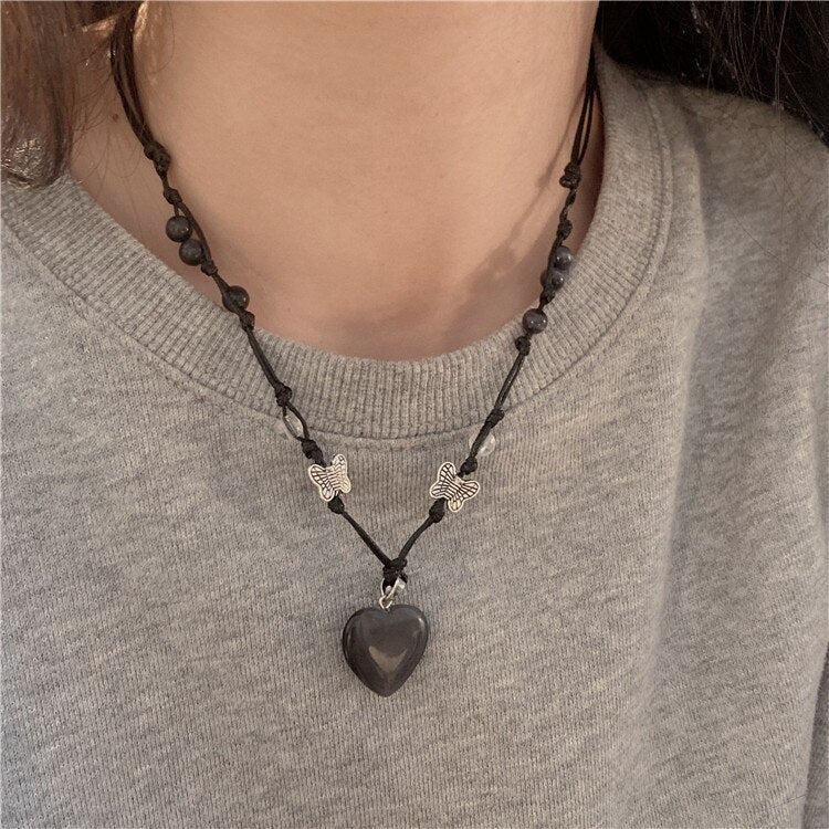 Love Heart Natural Stone Pendant Necklace For Women Girls Double layer Adjustable Sweater Chain Aesthetic Jewelry