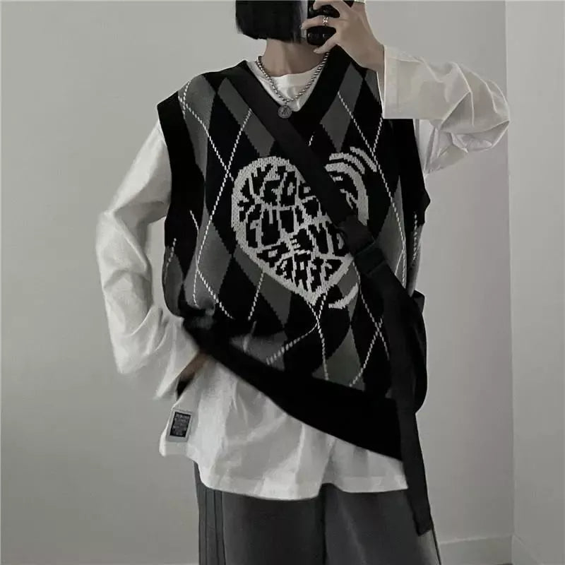 Deeptown Gothic Streetwear Black Plaid Knit Vest Women Harajuku Oversized Sweater Sleeveless V-neck Loose Graphic Tops Punk Y2K