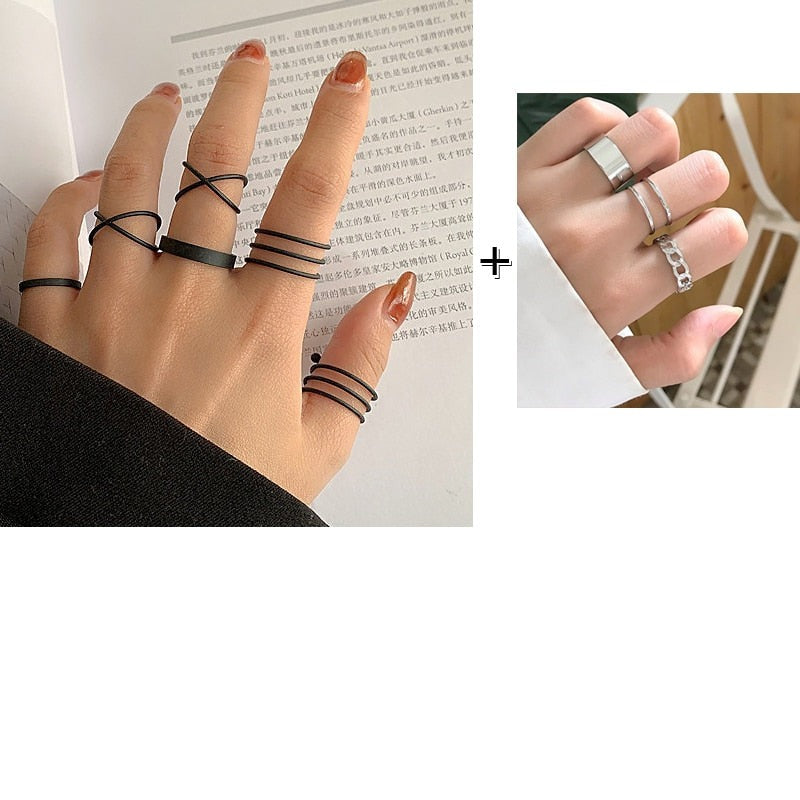 2 Sets Punk Finger Rings Minimalist Smooth Gold/Black Geometric Metal Rings for Women Girls Party Knuckle Jewelry bijoux femme