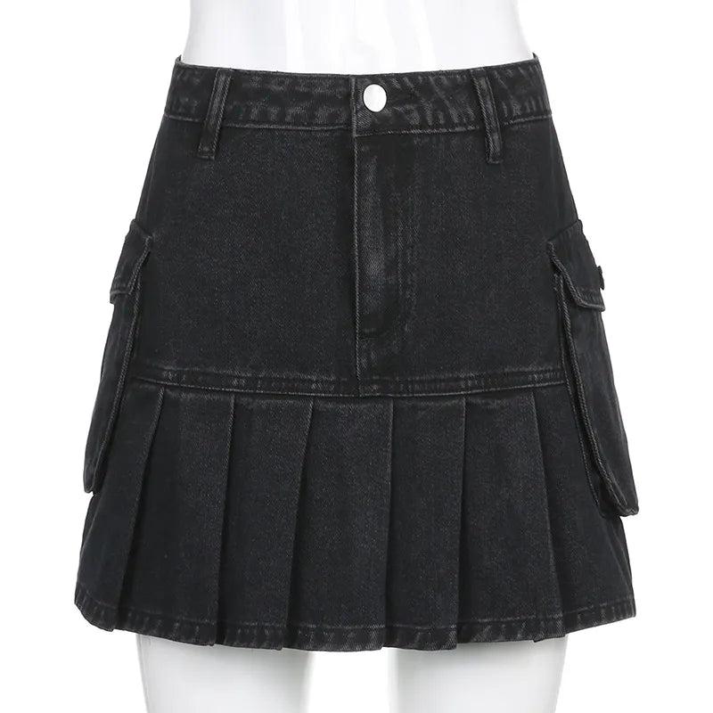 Jeans Mini Skirt Goth Denim Pleated Skirts with Big Pockets Women Girl Summer Punk Y2K Black Faldas High Waist Korean Fashion