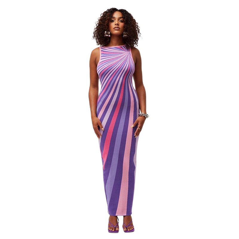 Y2K Striped Print Maxi Dress Women Elegant Colorful Print Sleeveless O-neck Slim Robe Female Midnight Attirewear Clothing