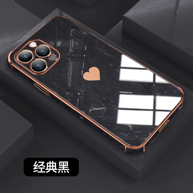 Luxury Love Heart Marble Phone Case For iPhone 11 12 13 Pro Max X XS XR Max 7 8 Plus SE 2020 Electroplated Cases Cover