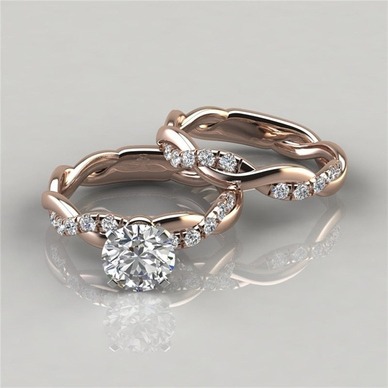 Womens Dainty Twist Round Cut White Zircon Ring Set Bridal Engagement Ring Wedding Band Anniversary