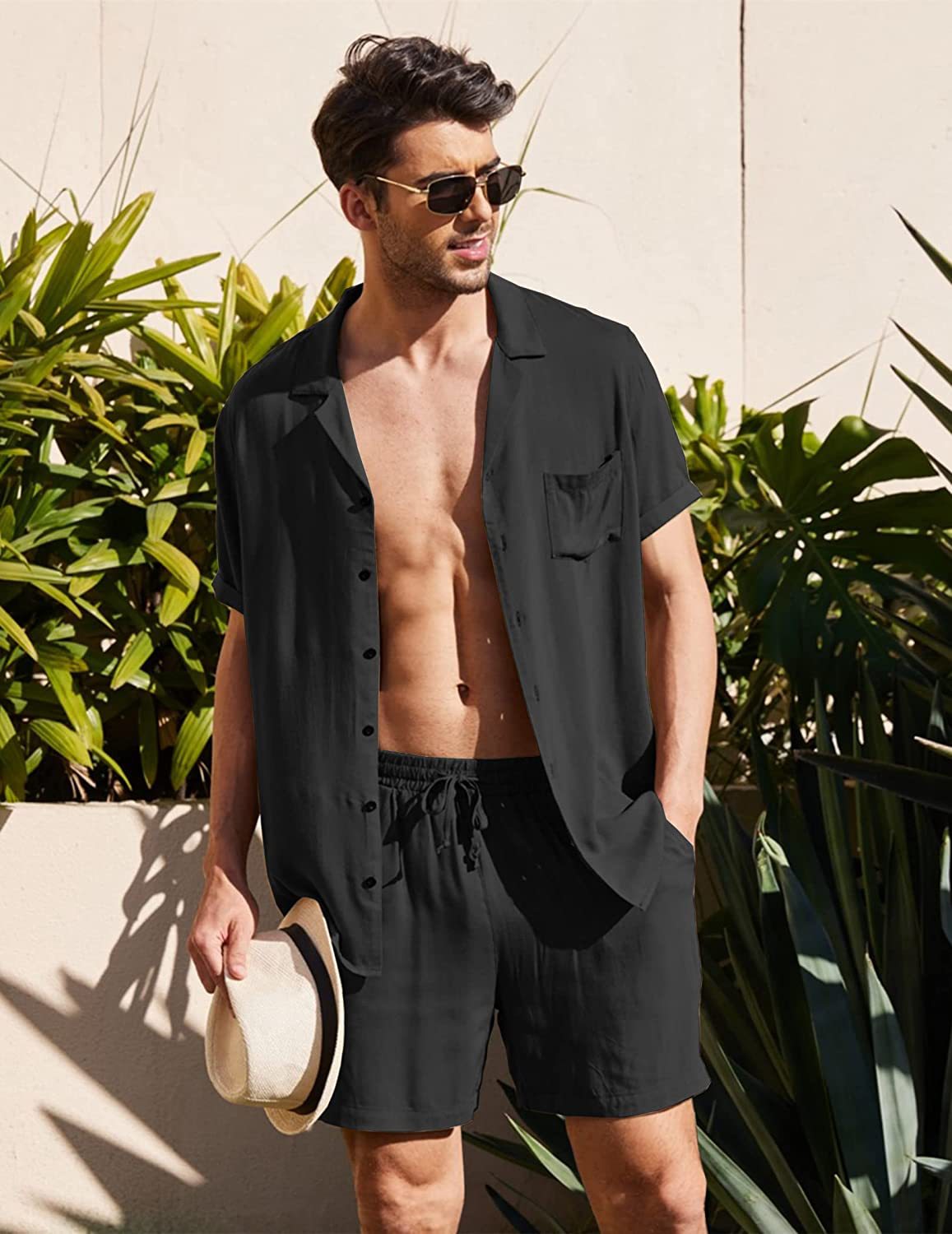Cotton Linen Shirt Set Mens Casual Outdoor 2-Piece Suit Andhome Clothes Pajamas Comfy Breathable Beach Short Sleeve Sets