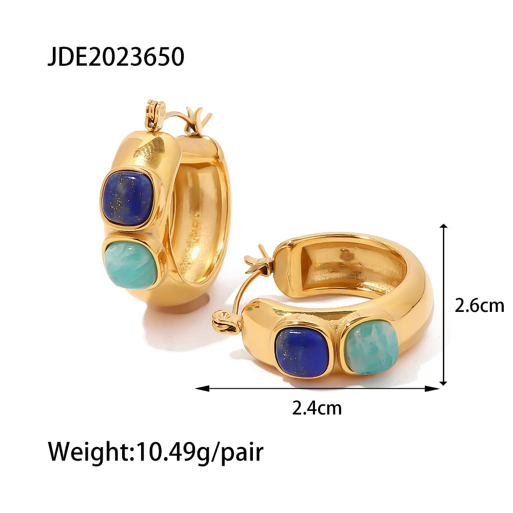 Waterproof 18k Gold Plated Stainless Steel Jewelry Lapis Lazuli Turquoise Snake C Shaped Hoop Earrings Trendy Chic Jewelr