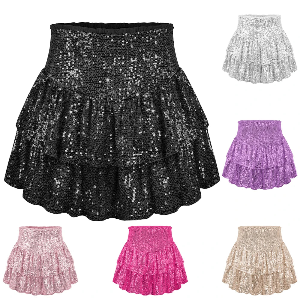New Female Girl Party Sequin Layered Ruffle Mini Skirt For Women Y2K EMO Fairycore Sexy Purple Skirt Clothes Free Shipping TS028