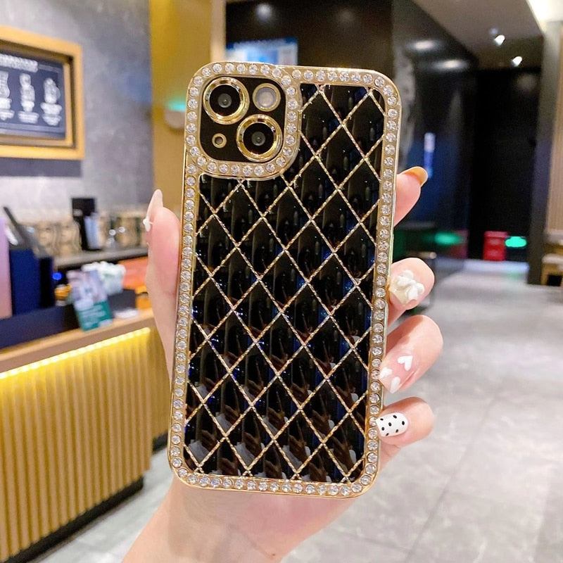 Luxury Lingge Bling Rhinestone Phone Case For iPhone 14 13 12 11 Pro Max Plus Bumper Back Shockproof Soft Cover