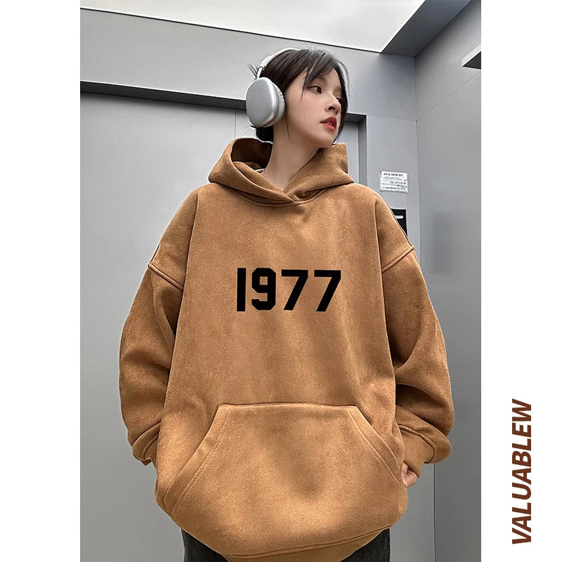1977 Letter Graphic Pullovers Women's Quality Suede Vintage Hoodies Oversized Streetwear Hip Hop Punk Sweatshirts Male jackets