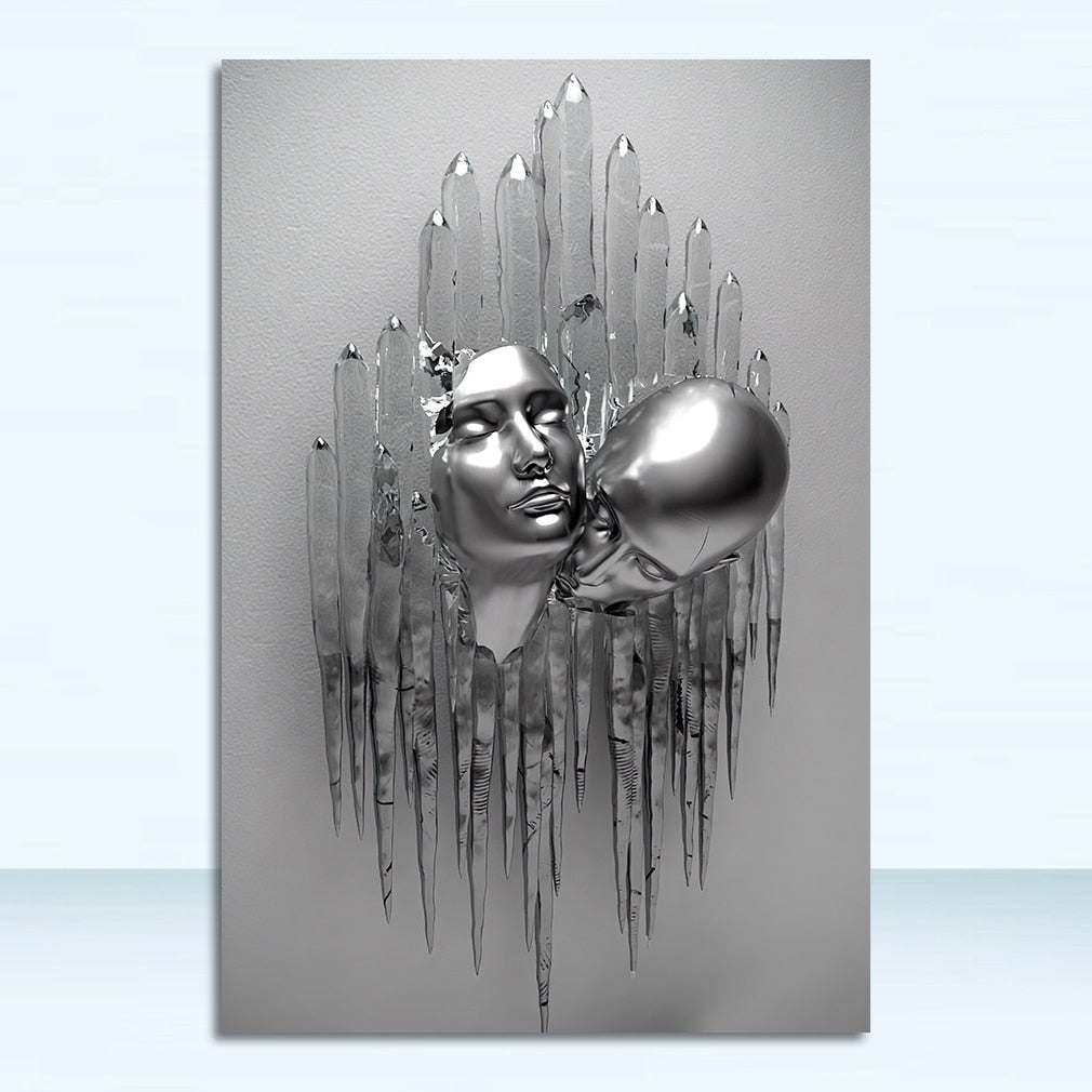 Lovers Metal Sculpture Canvas Painting Romantic Nordic Silver Couple Art Posters and Prints for Living Room Decor Christmas Gift
