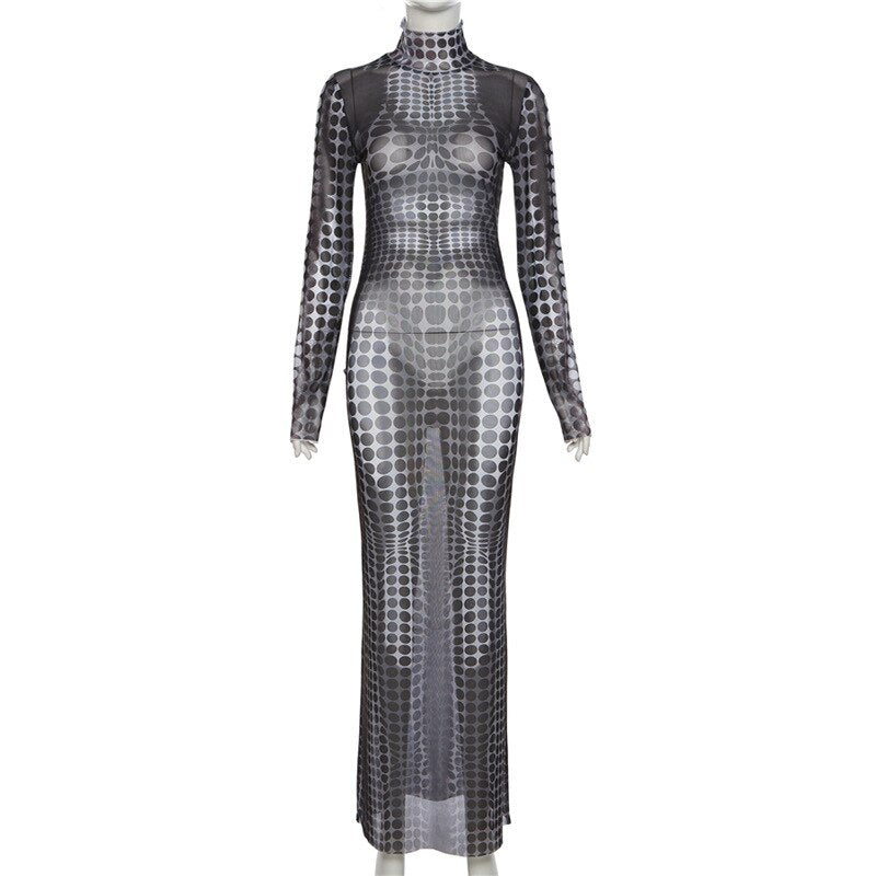 Dot Print Mesh See Through Maxi Dress Women Sexy Full Sleeve O-neck Floor Length Robe Femal Midnight Party Clubwear