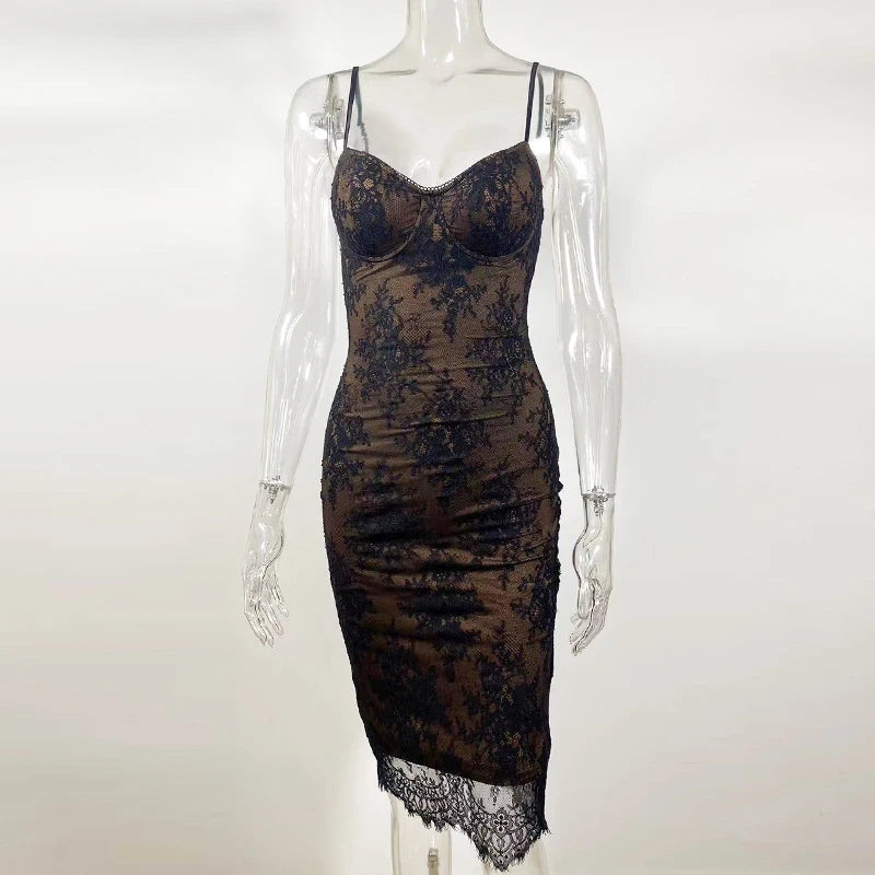 Black Lace Midi Dress Spaghetti Strap Backless Bodycon Summer Dress Women Luxury Evening Party Dresses 2024 Elegant Gown