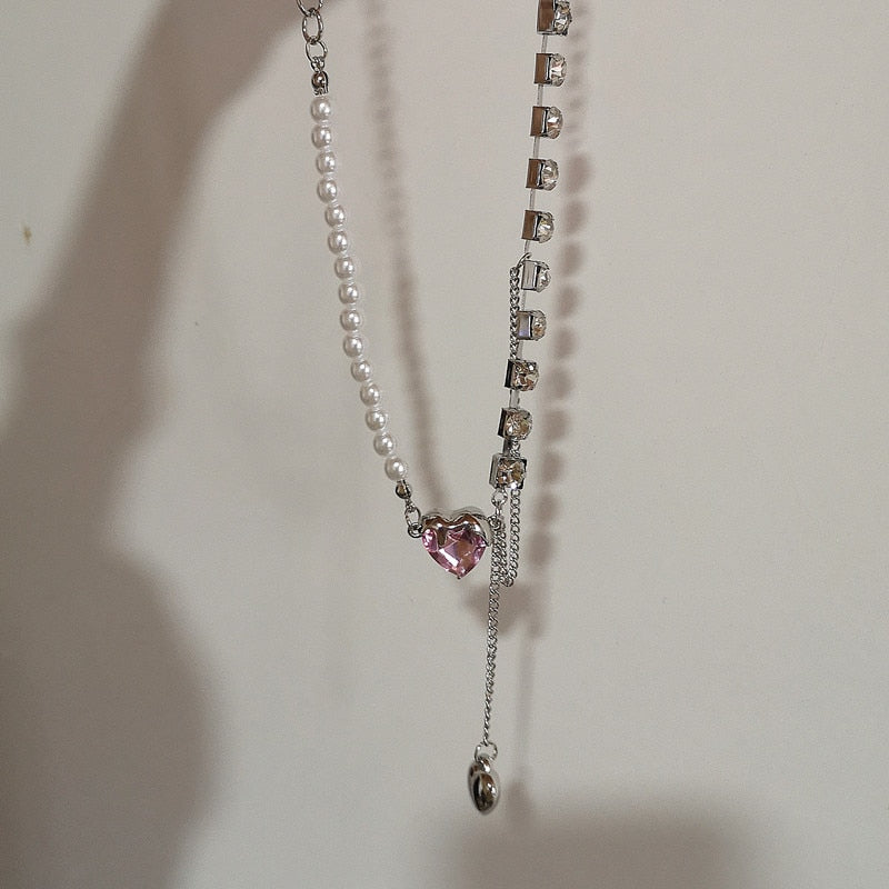 90S Y2K Necklace Asymmetrical Accessories Pearl Pink Crystal Heart Drop Pendant Sweet Clavicle Chain Aesthetic Jewelry