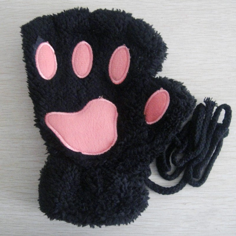 Fingerlose Handschuhe mit niedlicher Katzenpfote, flauschiger Kralle, warm, weich, Plüsch, Panda-Handschuh, halber Finger, Damen, Winterkleidung, Weihnachtsgeschenke